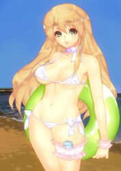 bare_shoulders beach bikini blonde_hair bow choker day female female_focus frilled_thigh_strap green_eyes groin innertube k-on! kotobuki_tsumugi long_hair murata_tomohide navel neck_ribbon ribbon solo swim_ring swimsuit thigh_strap white_bikini