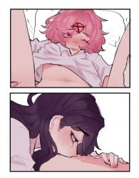 2girls absurdres commentary doki_doki_literature_club english_commentary female_torso hands_on_another's_thighs highres multiple_girls natsuki_(doki_doki_literature_club) one_eye_closed pink_eyes pink_hair pockiseisont purple_eyes purple_hair shirt white_shirt yuri yuri_(doki_doki_literature_club)