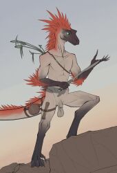 absurd_res anthro balls bullchicken casual_nudity claws digitigrade dinosaur feathered_dinosaur feathered_scalie feathers finger_claws flaccid genitals hi_res holding_object holding_weapon male outdoor_nudity penis prehistoric_species reptile saggy_balls saurischian scalie solo theropod tyrannosauroid weapon