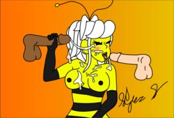 ahe_gao bee black_eyes breasts bug bukkake cum cum_on_face cumshot cumstring dark-skinned_male dark_skin interracial interspecies large_breasts male original_character white_hair