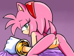 amile amy_rose anthro anus ass bed_sheet bedding bedroom_eyes bonnet bracelet clothing eulipotyphlan female genitals gloves gradient_background hair handwear headgear headwear hedgehog hi_res jewelry mammal narrowed_eyes nude presenting randomguy999 seductive sega short_hair simple_background smile solo sonic_(series) sonic_the_hedgehog_(series) tail vulva