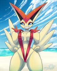 anthro anthropomorphic beach belly belly_button bikini eyelashes female laranthrod latiar legendary_pokémon legendary_pokemon mythical_pokemon pokegal pokegirl pokegirl_as_pokemon pokemon pokemon_(species) pokemorph sexy sling_bikini smiling smiling_at_viewer summer summer_time summertime teeth teeth_showing teeth_visible v_bikini victini