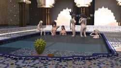 3d 3d_(artwork) black_hair blonde_hair group inuzuka_hana inuzuka_tsume kurenai_yuhi mitarashi_anko naruto naruto_shippuden nude nude_female pool relaxing samui showing_off tsunade uzumaki_naruto yuuhi_kurenai