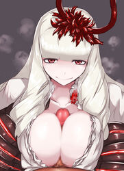 1boy abyssal_ship bad_id bad_pixiv_id bangs blunt_bangs breast_squeeze breasts censored collarbone dress female flower grey_background hair_ornament highres horns kantai_collection large_breasts long_hair looking_at_viewer lycoris_hime onboro_(clunker) paizuri penis pov red_eyes shinkaisei-kan simple_background solo_focus straight white_hair white_skin