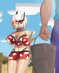 1boy 1girls abs arms_crossed arms_crossed_under_breasts big_breasts breasts bucket eating farm farmer female female_focus legs milking minecraft minecraft_mob mob_talker mooshroom mushroom okamisanz skirt steve_(minecraft) vein wheat white_eyes white_hair