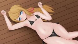 1girls blue_eyes blush blush_lines blushing brown_hair danganronpa_another fanganronpa female female_only flat_chest flat_chested inori_kanata looking_at_viewer lying_on_back lying_on_floor lying_on_ground micro_bikini only_female ponytail smile smiling_at_viewer solo solo_female