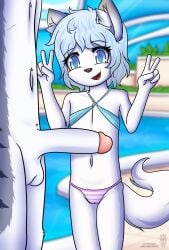 absurd_res age_difference anthro blind bodily_fluids camel_toe canid canine clothing disability dream_mirage duo female fox genital_fluids genitals hi_res male mammal nexus_(species) nude outside penis precum size_difference swimming_pool swimwear