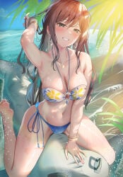 1girls :) arm_up armpit_crease armpits bang_dream! bare_shoulders barefoot beach bikini bikini_bottom bikini_top bracelet bracelets breasts brown_hair cleavage closed_eyes cloud coconut_tree collarbone day daylight daytime earrings ears eyebrows_visible_through_hair female female_focus female_only floral_print floral_print_bikini furiousghafo green_eyes hair_lift halterneck imai_lisa inflatable_toy inflatable_whale large_breasts leaf legs_apart lips long_hair long_sidelocks looking_at_viewer navel necklace ocean official_alternate_costume outdoors portrait purple_bikini_bottom sand side-tie_bikini_bottom sidelocks sitting smile solo solo_female splashing splashing_water straight_hair swept_bangs teeth thighs tree very_high_resolution water white_bikini_top