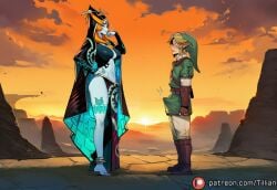 1boy ai_generated anklet barefoot blonde_hair blue_eyes blue_skin breasts bulge colored_sclera colored_skin erection erection_under_clothes female front_ponytail gloves hand_on_hip hat height_difference hood jewelry large_breasts leg_tattoo legend_of_zelda link link_(twilight_princess) long_hair midna midna_(true_form) multicolored_skin navel orange_hair patreon_username pelvic_curtain pointy_ears straight tillian tiptoes twili_midna twilight_princess watermark yellow_sclera
