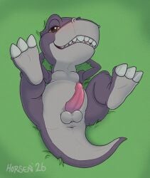 animal_genitalia animal_penis anus balls blush chomper_(the_land_before_time) dinosaur don_bluth feral genitals grass horsen looking_at_viewer male penis plant posing_for_the_viewer prehistoric_species reptile saurischian scalie smile solo teeth_showing the_land_before_time theropod tyrannosaurid tyrannosauroid tyrannosaurus tyrannosaurus_rex