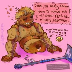agalmatophilia anthro artazh boy_cunt dad_bod dilf hairy male male_only mannequin mannequin_mark_(regretevator) non-human objectum regretevator shy tooth_gap transgender transmasc wet_pussy wood