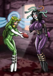 2girls ball_gag ballet_boots ballet_heels blush bodysuit bondage_gear chocolate_box collar corset crotch_zipper edit female female_only femdom femsub fully_clothed gag high_heels kid_icarus kid_icarus_uprising large_breasts latex medusa medusa_(kid_icarus) metal_collar multiple_girls palutena re-maker remaker shiny_clothes third-party_edit tight_clothing valentine's_day valentines_day willing_sub yuri