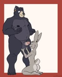 2026 anthro ass backsack balls bear big_balls black_bear black_body black_fur bodily_fluids cottontail_rabbit countershading dark_body dark_fur digital_drawing_(artwork) digital_media_(artwork) digitigrade duo ear_piercing ear_ring erection facial_piercing flat_colors fur genitals hi_res holding_balls ihuitl_(scribefang) imminent_oral kneeling labret_piercing lagomorph leporid lip_piercing male male/male mammal navel nervous nervous_smile nervous_sweat nipples no_irises piercing plantigrade rabbit ring_piercing scribefang scut_tail short_tail simple_background size_difference slightly_chubby slightly_chubby_anthro slightly_chubby_male slim slim_anthro slim_male smile standing sweat tail tecocoa_(scribefang) topknot ursine