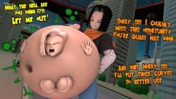 1boy 1girls 3d android_17 android_18 black_hair blue_eyes dragon_ball dragon_ball_z female male male_pred shounen_jump slimy-goo stomach_bulge text vore vore_belly