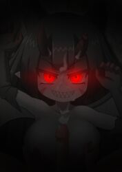 1boy 1girls arms_up boobs breasts cock dick eyebrows_visible_through_hair gargoyle gargoyle_girl_(mon-musu_quest!) genitals gint=ktouka mon-musu_quest! monster_girl_quest nipples no_bra penis red_eyes red_eyes_female sharp_teeth teeth tits
