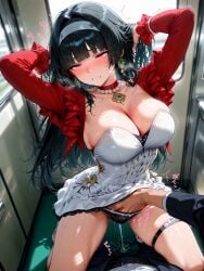 ai_generated arms_behind_head arms_up astra_yao big_breasts black_hair_female black_panties blush blushing brunette_female brunette_hair choker dress dress_lift dress_lifted_by_another endure_to_moan endured_face enduring_face hand_in_another's_panties hand_in_panties hoyoverse mihoyo molestation molesting public_indecency public_train public_transportation red_choker rubbing_pussy sexual_harassment squirting train_interior tremble_lines trembling trying_not_to_moan white_dress zenless_zone_zero