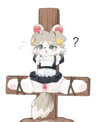 absurd_res after_sex anthro anus blush bodily_fluids body_blush canid canine canis cheek_tuft clitoris clothed clothing clothing_lift cross cum cum_in_vagina cum_inside digitigrade domestic_dog dress dress_lift drooling emanata facial_tuft feet female flong floppy_ears fluffy fluffy_tail gaping gaping_vagina genital_fluids genitals green_eyes half-closed_eyes heart_pupils hi_res hindpaw inner_labia inverted_cross leaking_cum leaking_vagina legwear maid_uniform mammal narrowed_eyes neck_tuft pawpads paws question_mark restrained_arms restrained_legs saliva simple_background solo spread_legs spreading stockings tail tears thigh_highs translucent translucent_clothing translucent_legwear translucent_stockings tuft uniform vulva vulva_blush white_background