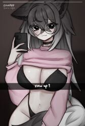 :3 black_bra black_hair black_inner_ear_fluff black_thong blush breasts_out facial_markings flustered glasses gray_eyes gray_hair hair_between_eyes heart-shaped_pupils holding_object holding_phone lace-trimmed_bra lace-trimmed_panties lace_trim large_breasts light-skinned_female long_hair multicolored_hair oerba_yun_fang okaree original original_character pale_skinned_female photo pov round_glasses simple_background small_waist snapchat snapchat_sexting sweater_lift thick_thighs virtual_youtuber vtuber vtuber_persona wide_hips wolf wolf_ears wolf_girl wolf_humanoid wolf_tail