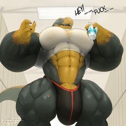 1:1 abs biceps big_muscles big_pecs claws clothing cup dialogue dinosaur genitals hi_res huge_muscles hyper hyper_muscles locker_room male_only muscular pecs penis reptile scalie shirt solo tall tankh topwear vein veiny_penis wet wet_clothing wet_shirt wet_topwear