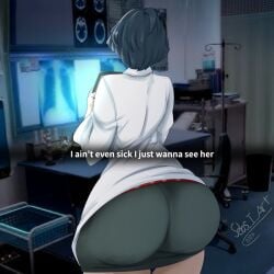 1girls ass ass_focus big_ass black_hair caption clothing coat doctor fat_ass female female_only gluteal_fold goth goth_girl huge_ass labcoat large_ass massive_ass office persona persona_5 rear_view sebs_i_art short_hair skirt solo tae_takemi thick_ass thick_thighs thunder_thighs wide_hips