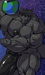 3:5 anthro big_muscles big_penis black_body black_fur bobert canid canine canis earth erection fur genitals hi_res holding_object holding_planet huge_cock huge_muscles hyper hyper_genitalia hyper_muscles hyper_penis looking_at_viewer macro male male_only mammal muscles muscular nipples nude penis sky smile space star starry_sky vein veiny_penis wolf