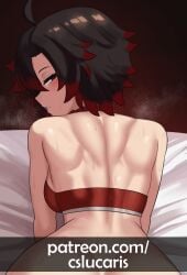 all_fours artist_name ass back back_focus back_muscles bare_arms bare_shoulders black_hair commentary cslucaris english_commentary female grey_eyes highres looking_back median_furrow no_pants on_bed paid_reward_available ruby_rose rwby short_hair solo_focus steam teasing visible_air