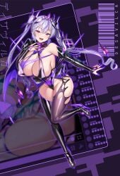 :d aqua_pupils arm_at_side barcode barcode_tattoo bare_shoulders black_boots black_bridal_gauntlets black_leotard blush boots breast_suppress breasts bridal_gauntlets bright_pupils character_name cleavage commentary_request corruption detached_collar female full_body genderswap_(mtf) groin hair_between_eyes hair_ornament halter_leotard halterneck high_heel_boots high_heels highres holding holding_sword holding_weapon huge_breasts invisible_floor latex latex_boots latex_bridal_gauntlets leotard long_hair looking_at_viewer lumirage multicolored_hair natsume_kaoru open_mouth otome_ginsei_lumiphonia outer_glow outline outstretched_arm pubic_tattoo_through_clothing purple_background purple_eyes purple_hair purple_outline purple_streaks purple_theme purple_trim purple_wings pussy_juice rule_63 satou_kuuki shiny_clothes sidelocks single_wing smile solo standing standing_on_one_leg streaked_hair sword tattoo twintails upturned_eyes vanishing_reality_(satou_kuuki) variant_set weapon