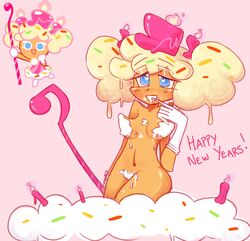 ahegao anthro birthday_cake_cookie blonde_hair blue_eyes cake cookie_run curly_hair female happy_new_year heart_eyes perky_breasts pink_background source_not_archived tan_skin whipped_cream_on_breasts whipped_cream_on_pussy white_gloves wikikyu