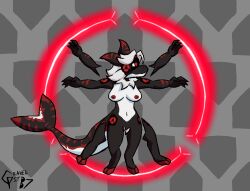 anthro aquatic areola belly black_body black_scales female fish genitals glowing glowing_markings gravel_pit_(artist) hair hi_res hooves hybrid keira_(determinedkeira) machine markings nude protogen pussy_fins red_areola red_markings scales shark signature solo tail thick_tail vitruvian_man vulva white_belly white_hair