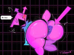 ambiguous_gender anthro anus ass big_butt blue_cloak blue_clothing blush blush_lines cloak cloak_only clothing computer_virus_(species) darkner deltarune dialogue featureless_feet feet hi_res looking_back pattern_background pink_body purple_anus rear_view simple_background solo speech_bubble spiral spiral_eyes spread_butt spreading text thfooxxir thick_thighs undertale_(series) virovirokun wide_hips