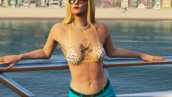 3d 3dcg bare_shoulders battle_scars beachside belt belted bikini_top cleavage collarbone edited_screencap emotionless_female expressionless female female_only game_mod grand_theft_auto grand_theft_auto_online gta_online_female_character highres indifferent jeans large_breasts leaning_against_railing leaning_to_the_side los_santos navel navel_piercings necklace older_woman red_lipstick rockstar_editor rowena source_request summer tagme uncaring_female