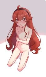 ahoge arm_at_side black_hairband censored commentary completely_nude cum cum_in_pussy cum_pool cumdrip english_commentary eris_greyrat female flat_chest frown full_body grey_background hairband hand_on_own_elbow heart heart_censor highres kneeling long_hair looking_at_viewer moriforests mushoku_tensei nipples nude open_mouth red_eyes red_hair simple_background solo sweat two-tone_background v-shaped_eyebrows white_background