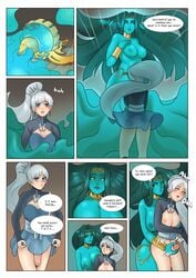 1futa big_breasts blue_skin comic female futa_on_female futanari genie handjob jinn_(rwby) rwby sassquatch weiss_schnee white_hair