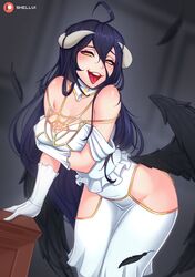 1girls albedo_(overlord) bare_shoulders big_breasts black_hair breasts female female_only gold_eyes horns long_hair looking_at_viewer medium_breasts open_mouth overlord_(maruyama) shellvi smiling smiling_at_viewer solo solo_female succubus teeth tight_clothing wings