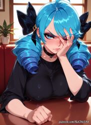 2026 ahoge ai_generated anime bangs black_bow black_choker black_shirt blue_eyes blue_hair blush bow breasts choker cleavage closed_mouth collarbone covered_nipples crossover drill_hair earrings eye_contact female female_focus female_only flushed gwen_(league_of_legends) hairbow hand_on_own_face heart highres huge_breasts indoors inside jewelry large_breasts league_of_legends long_hair looking_at_viewer neutral_expression nsfw one_eye_closed patreon patreon_username plant riot_games rognezart shiny shiny_hair shirt sitting solo twin_drills twintails very_long_hair window
