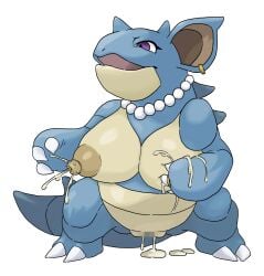 absurd_res areola big_breasts blue_body bodily_fluids breasts censored claws cum cum_in_vagina cum_inside female gem generation_1_pokemon genital_fluids genitals hi_res horn huge_breasts jewelry lactating mammal milk mosaic_censorship necklace nidoqueen nikunigushii nintendo nipples nude pearl_(gem) pearl_necklace pokemon pokemon_(species) puffy_areola puffy_nipples purple_eyes shortstack solo tan_nipples vulva