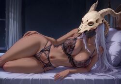 1girls ai_generated animal_mask animal_skull bedroom big_breasts breasts dark-skinned_female dark_skin dreamheat female grey_hair hidden_face lingerie long_hair lying lying_on_bed lying_on_side mask masked_female side_view silent_(slay_the_spire) skull_mask slay_the_spire slay_the_spire_2 solo the_silent_(slay_the_spire) white_hair