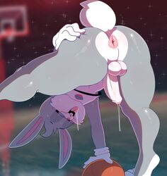 2020 absurd_res anthro anus ass ball balls barefoot basketball_(ball) bent_over big_butt blurred_background bodily_fluids bottomless buckteeth bugs_bunny butt_grab cheek_tuft clothed clothing cock-tail drooling erection facial_tuft genital_fluids genitals girly gloves hand_on_butt handwear head_tuft hi_res holding_ball holding_object lagomorph leporid long_ears looking_at_viewer looney_tunes male male_only mammal paws penis pink_anus pink_tongue precum presenting presenting_anus presenting_hindquarters rabbit saliva shirt short_tail smile solo somescrub space_jam sparkles sportswear spread_butt spread_legs spreading sweat teeth thick_thighs tongue tongue_out topwear tuft uncut warner_brothers