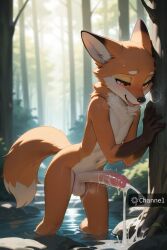 ai_generated anthro blush cum fox leaves moaning pleasure_face trees