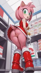 absurd_res accessory ai_generated amy_rose animal_ears anthro anus ass bag bare_shoulders barely_visible_anus blush boots bottomless bottomless_anthro bottomless_female bracelet breasts bubble_butt cleft_of_venus clothed clothing dress eulipotyphlan exhibitionism eyelashes female footwear from_behind_position full-length_portrait fur genitals glistening glistening_butt glistening_genitalia glistening_pussy gloves gold_(metal) gold_bracelet gold_jewelry green_eyes hair hair_accessory hairband handwear headgear headwear hedgehog hi_res holding_bag innie_pussy inside jewelry knee_boots knee_highs legs_together legwear looking_at_viewer looking_back looking_back_at_viewer looking_down looking_down_at_viewer low-angle_view mammal no_panties no_underwear open_mouth partially_clothed_anthro partially_clothed_female pink_anus pink_body pink_butt pink_fur pink_hair plump_labia portrait public public_exposure pussy red_boots red_clothing red_dress red_footwear red_hairband sega sex shoes shopping shopping_bag short_dress short_hair sleeveless sleeveless_dress small_breasts solo sonic_(series) sonic_the_hedgehog_(series) standing store surprise tail tan_body tan_pussy tan_skin upskirt white_clothing white_gloves white_handwear