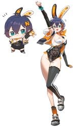 1girls alternate_costume artist_request asymmetrical_legwear barefoot belle_(zenless_zone_zero) blush bunny_ears bunnysuit chibi female female_focus female_only green_eyes highres hoodie leotard light-skinned_female light_skin medium_breasts pose short_hair tagme_(artist) zenless_zone_zero