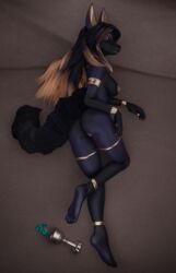 2020 3d absurd_res anthro asira_(ashnar) ass black_body black_fur black_hair black_skin breasts canid canine canis female fur genitals hair hi_res jackal looking_at_viewer mammal nipples pussy waeverstan