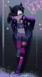 1girls bangs black_clothing black_hair bored casual choker crop_top female hair_ribbon hands_in_pockets jacket light-skinned_female light_skin looking_at_viewer marnie_(pokemon) midriff pantyhose pokemon pokemon_ss purple_clothing ripped_clothing ripped_pants ripped_pantyhose solo solo_female solo_focus stomach teal_eyes teen teenage_female teenage_girl teenager twintails
