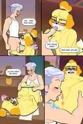 absurd_res animal_crossing anthro anus ass blush bodily_fluids bottomless breasts canid canine canis clothed clothing comic cunnilingus desk domestic_dog drooling duo english_text fellatio female furniture furry genital_fluids genitals hi_res human human_on_anthro interspecies isabelle_(animal_crossing) lovetopullmicke male male/female mammal nintendo nipples on_desk oral penile penis pussy saliva sex speech_bubble table text undressing vaginal_fluids vaginal_penetration villager_(animal_crossing) vulva