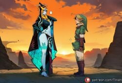 ... 1boy ai_generated anklet barefoot blonde_hair blue_skin breasts bulge cloak colored_sclera colored_skin erection erection_under_clothes female fingerless_gloves front_ponytail gloves hand_on_hip hat height_difference hood jewelry large_breasts leg_tattoo legend_of_zelda link link_(twilight_princess) long_hair midna midna_(true_form) multicolored_skin navel orange_hair patreon_username pelvic_curtain pointy_ears red_eyes straight tillian tiptoes twili_midna twilight_princess watermark yellow_sclera