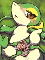 :< anus ass bedroom_eyes blush blush_lines bodily_fluids brown_eyes cel_shading clitoris diru female female_feral feral generation_5_pokemon genital_fluids genitals green_tentacles hi_res high-angle_view inner_labia looking_at_viewer lying lying_on_grass narrowed_eyes nintendo on_back plant_tentacles pokemon pokemon_(species) presenting presenting_hindquarters presenting_vulva rear_view seductive shaded snivy solo solo_feral spread_vulva spreading tentacle vaginal_canal vaginal_fluids vulva