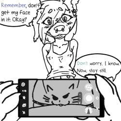 >:3 anthro bird_dog blush blush_lines canid canine canis cat_drawn_on_pussy clit clitoris deep_navel do_you_want_to_pet_my_cat_(meme) domestic_dog duo ear_piercing electronics eyebrow_piercing facial_piercing female gauged_ear genitals hunting_dog irish_setter kodi_(toof_snoot) mammal mary_(toof_snoot) meme mixed_breed monochrome navel nipple_outline nipple_piercing nipples nose_piercing nose_ring phone piercing pussy pussy-cat_(meme) ring_piercing saluki setter shy shy_smile sighthound speech_bubble taking_picture toof_snoot vulva