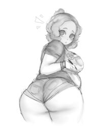 1girls alternate_hairstyle bbw big_ass blush chubby denim_shorts female_only fluffy_hair haru_okumura metrack monochrome persona persona_5 plump rear_view short_hair thick_thighs wedgie weight_gain