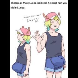 5_fingers baseball_cap big_bulge big_cock big_dick big_penis black_tank_top blue_body blue_jean_shorts bulge bulge_focus bulge_through_clothing bulge_under_clothes caption dragon dragon_horns dragon_humanoid dragon_maid genderswap genderswap_(ftm) green_hair hat headwear horns huge_bulge huge_cock jean_shorts jeans lucoa male male_only meme miss_kobayashi's_dragon_maid multicolored_hair pink_hat quetzalcoatl_(dragon_maid) rule_63 satire shitpost simple_background smiling solo solo_focus solo_male tank_top waving