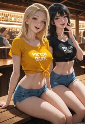 2girls ai_generated blonde_hair blue_eyes dark_hair dressed laughing shorts tied_shirt